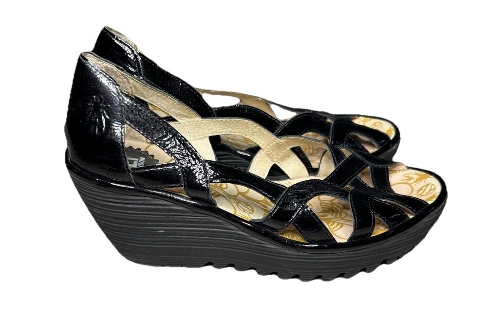 FLY London Yadi Black Patent Leather Slip On Strappy Wedge Sandals Size 38 7.5